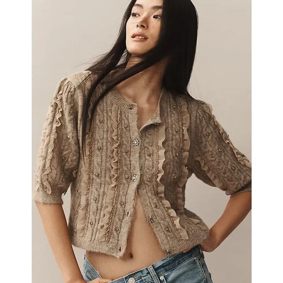 NEW Anthropologie Maeve Embellished Ruffled Short Sleeve Cardigan Sweater Small - Picture 1 of 11